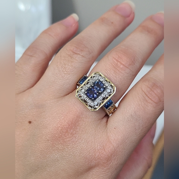 Gems en Vogue Boho Mogok Blue Sapphire 24K Plated Sterling Silver Statement Ring - Picture 13 of 16